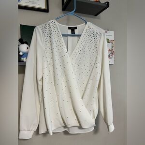 Alfani White Long Sleeve Wrap Blouse with Rhinestone Embellishments – Size M